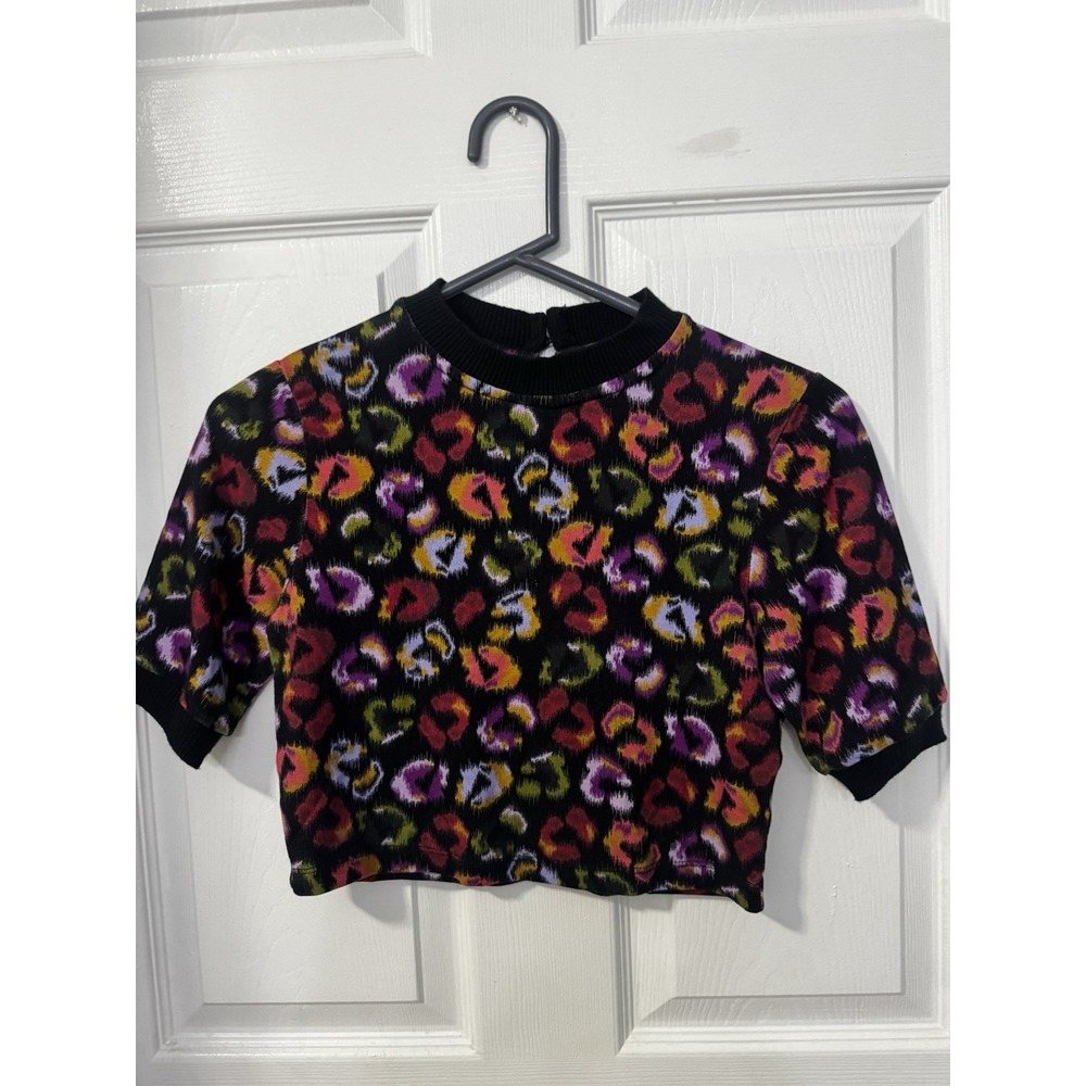 Farm Rio Women's Black Multicolored Leopard Print Puff Sleeve Crop Top M